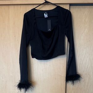 Lulu's Elegant Black Feather Sleeve Blouse